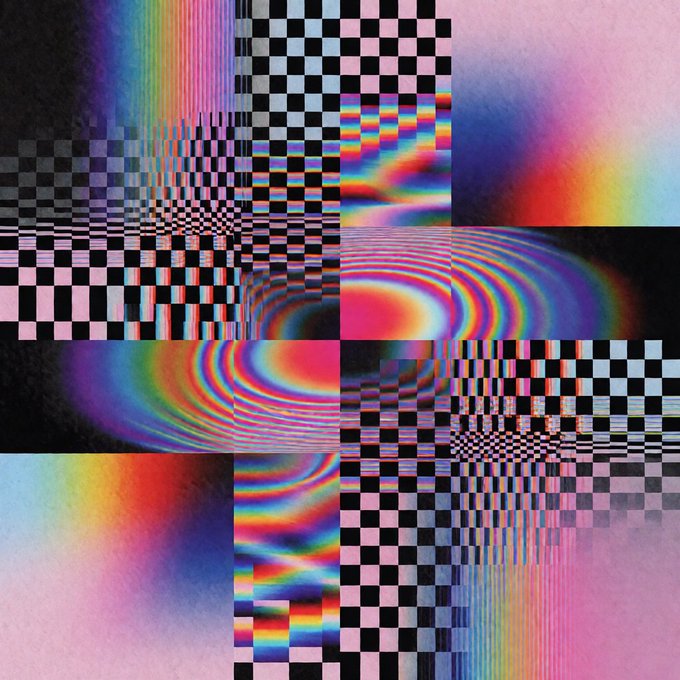 An abstract psychedelic artwork featuring a patchwork of black-and-white checkered patterns and vibrant rainbow-colored swirling distortions creating optical illusion effects.