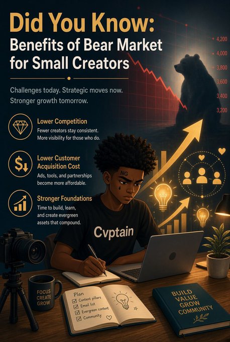 An infographic titled 'Did You Know: Benefits of Bear Market for Small Creators' featuring a character labeled 'Cvptain' working at a laptop, listing benefits like 'Lower Competition' and 'Lower Customer Acquisition Cost.'