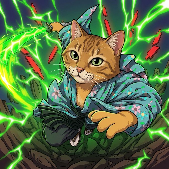 An anime-style illustration of an orange tabby cat dressed in a teal floral robe, wielding a glowing green energy sword while surrounded by red lightning bolts and shattered debris.