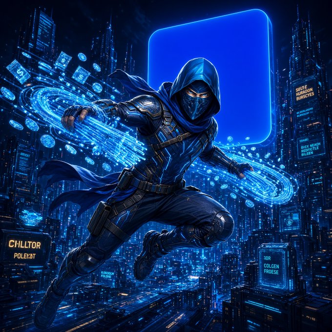 A vibrant digital artwork depicting a hooded, masked character in dark blue armor leaping through a futuristic cyberpunk cityscape filled with glowing blue holographic data and screens.