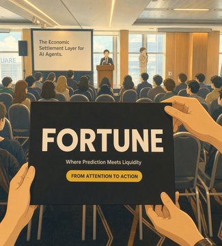 Hands hold a black sign reading 'FORTUNE - Where Prediction Meets Liquidity - FROM ATTENTION TO ACTION' at a presentation about 'The Economic Settlement Layer for AI Agents'.