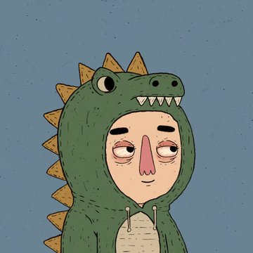 A digital illustration of a character wearing a green dinosaur costume with yellow spikes, featuring droopy eyes and a tired expression against a textured blue background.
