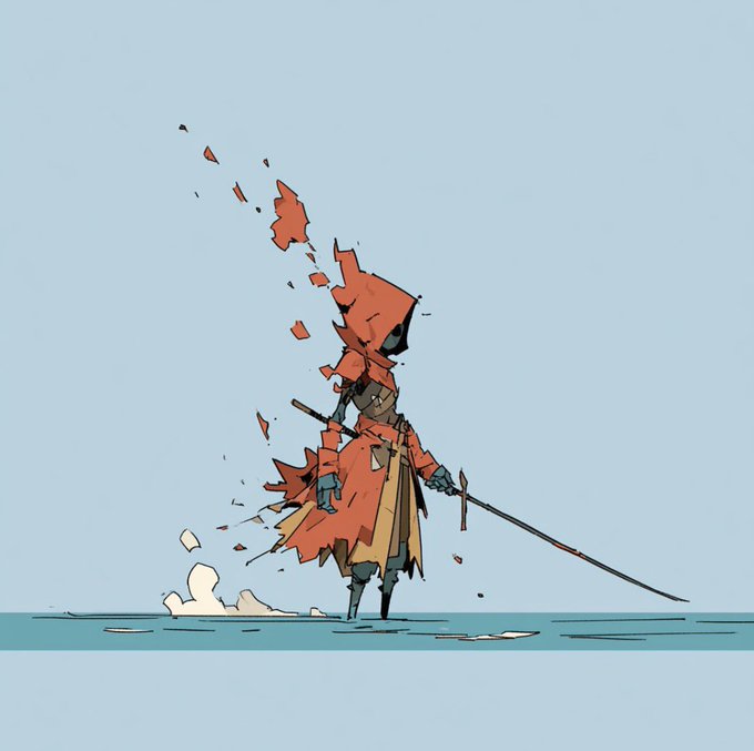 A stylized illustration of a hooded figure in a tattered orange robe holding a sword, with fragments of orange material floating off them against a light blue background.