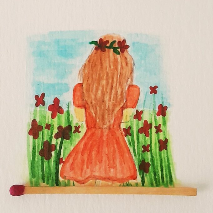 A watercolor painting titled "Flower 8" by Fatemeh shows a girl with long brown hair and a floral crown, wearing a flowing orange dress, standing among a field of red flowers. The artwork beautifully captures the sentiment of the accompanying text, illustrating how flowers and supportive friends can provide comforting companionship during lonely moments.