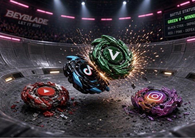 A dramatic battle scene with toy spinning tops labeled with social media logos (YouTube, TikTok, Vimeo, Instagram) clashing in an arena under the title 'BEYBLADE'.
