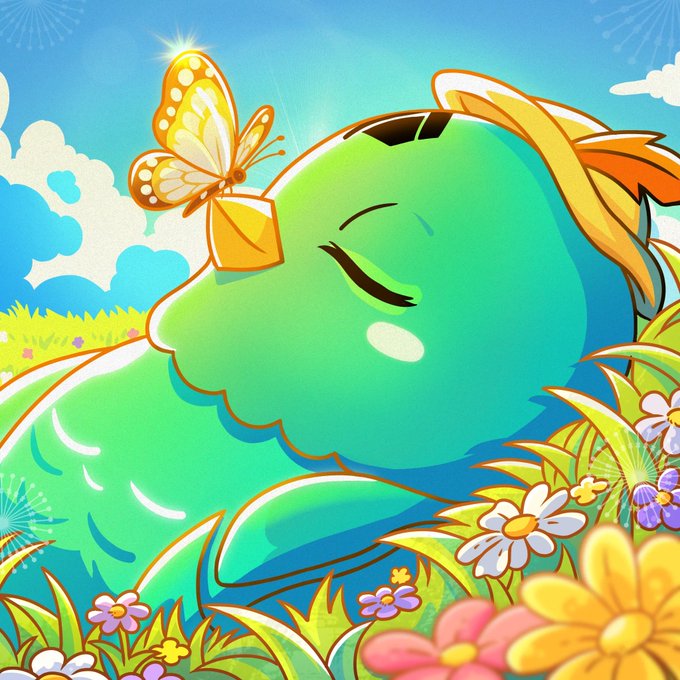 A whimsical illustration of a green character with closed eyes resting peacefully among colorful flowers, with a yellow butterfly perched on its head against a bright blue sky.