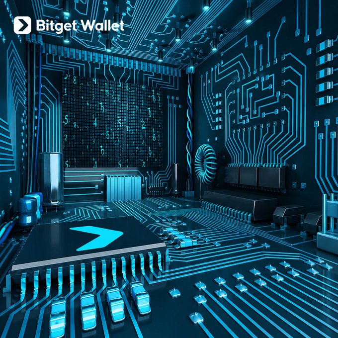 A futuristic, glowing blue circuit-board-themed room with the 'Bitget Wallet' logo in the upper left corner and a large illuminated arrow symbol on the floor.
