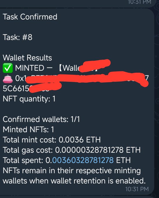 A mobile screenshot shows a 'Task Confirmed' NFT minting notification for Task #8, with red marks censoring the wallet address, showing details like 'NFT quantity: 1', 'Minted NFTs: 1', and a total cost of 0.00360328781278 ETH.