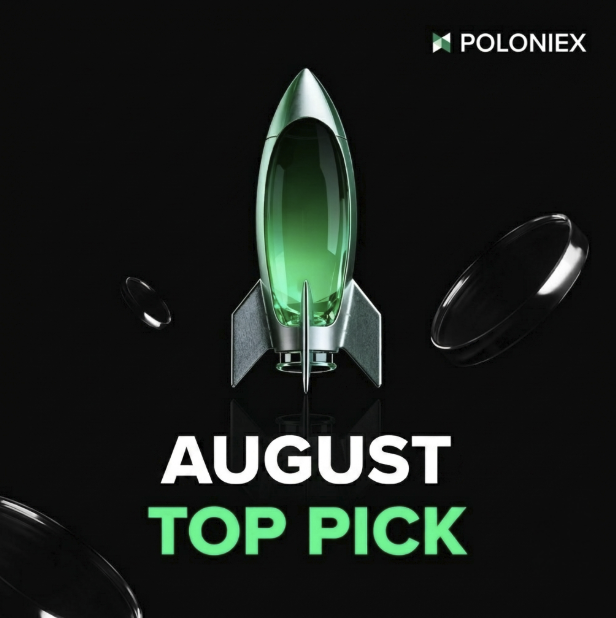 Poloniex promotional graphic for their 'AUGUST TOP PICK' featuring a 3D rendered green rocket ship with Ethereum logos floating around it.