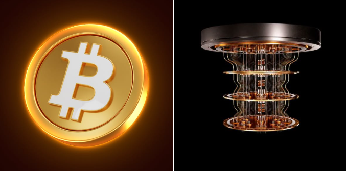 A split image featuring a glowing golden Bitcoin symbol on the left and a quantum computer's cylindrical processor with intricate wiring on the right.