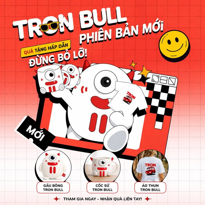 The image features a cartoon of a white bear with red eyes, wearing sunglasses and holding a sign that says "TRON BULL". The bear appears to be standing next to a red box or frame, which has a black border. There are three other cartoon bears in various positions around the main bear, including one on its left side, another at the top right corner of the image, and the third one towards the bottom center.