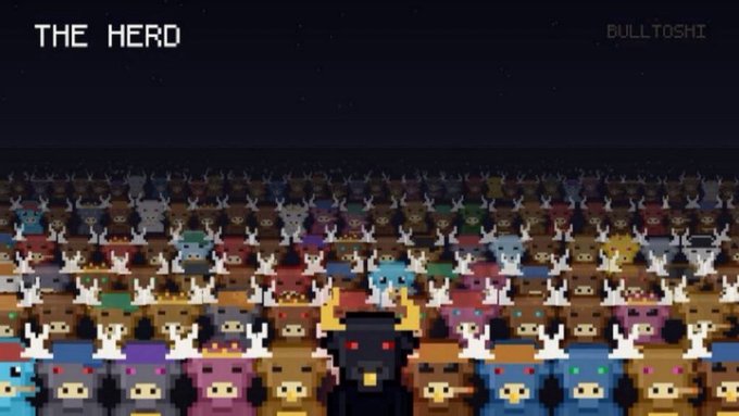 A pixel-art style meme titled "THE HERD" by BULLTOSHI depicts a dark bull figure with glowing red eyes leading a massive crowd of colorful bull and dog characters, symbolizing community following. The image ties to the post "$ANSEM" by representing the collective movement of followers rallying behind the influencer's call, a common meme motif in crypto trading communities.