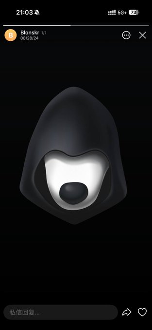 A Snapchat screenshot showing a hooded avatar with a white mask, sent by user "Blonskr" at 21:03 on 08/28/24.