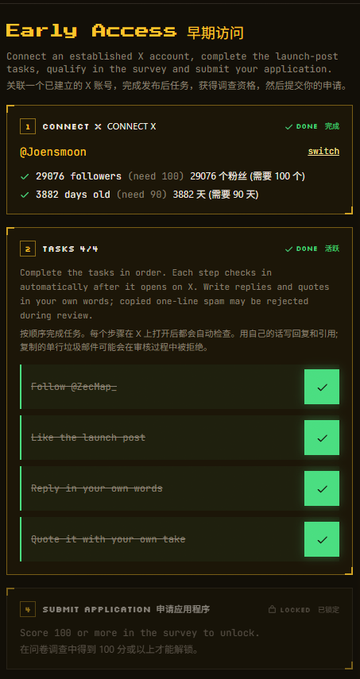 The image shows an "Early Access" application page with three sections: "Connect X" (showing the user @Joensmoon with 29,076 followers and 3,882 days old, both marked done), "Tasks" (with completed steps: follow @ZecMap, like the launch post, reply in your own words, and quote it with your own take), and a locked "Submit Application" section requiring a 100+ survey score. 

The image relates to the post by displaying the early access application process for the @ZecMap_ NFT map project mentioned, showing how users like @Joensmoon completed the required engagement tasks on X to potentially gain access to the 2,222-grid map NFTs discussed.