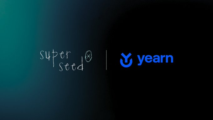 The image shows a dark gradient background featuring the "superseed" logo in handwritten-style text alongside the blue "yearn" logo, representing a partnership announcement for yearn's $yvUSD offering now available in Superseed's strategy marketplace.