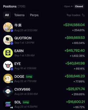 The image displays a trading positions dashboard with 708 total positions, featuring top trades led by ticker "牛来" with a profit of +$314,588.04 (254.61%), followed by QUOTRON (+$99,669.53), EARN (+$45,792.40), EYE (+$40,841.98), DOGE (+$38,646.23), CVXV666 (+$25,971.74), and SOL (+$16,600.21). This screenshot supports the post's claim of an exceptional memecoin trading track record, highlighting the most profitable individual trade of $314,588.04 that contributed to the trader's reported $1.44+ million monthly gains.