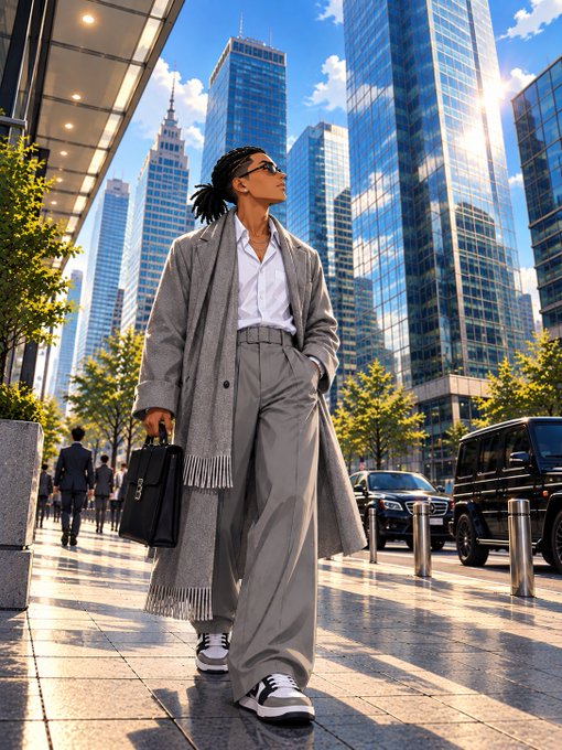 A stylish woman wearing an oversized gray coat, scarf, and sunglasses, holding a briefcase while standing on a city street with skyscrapers in the background.