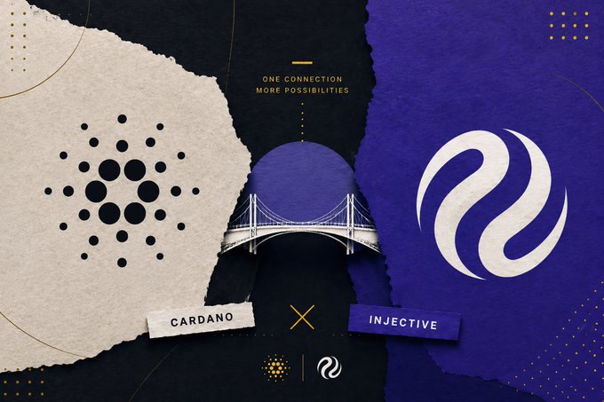 Promotional graphic for a partnership between Cardano and Injective, showing a bridge connecting the two logos with the tagline 'ONE CONNECTION MORE POSSIBILITIES'.