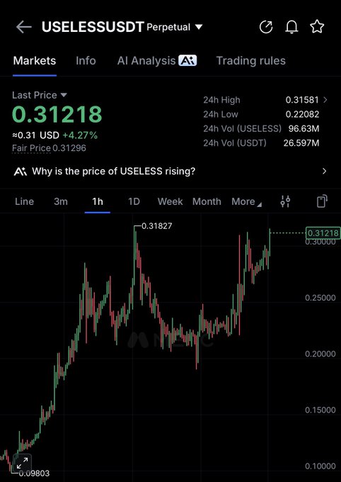 A cryptocurrency trading chart shows the USELESSUSDT Perpetual pair with a current price of 0.31218 USD (+4.27%), having reached a 24-hour high of 0.31827 and a low of 0.09803, visually confirming the post's claim of "everyday new highs" through its steadily climbing 1-hour candlestick pattern.