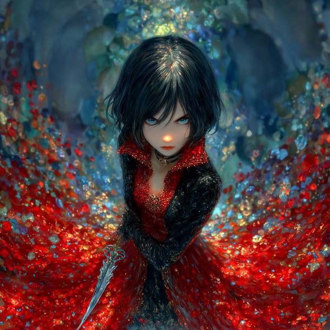 A dark-haired gothic vampire with glowing blue eyes and a red gown stands holding a dagger amid swirling red and blue magical energy, fitting the haunting, gothic theme of the QT Halloween giveaway post.