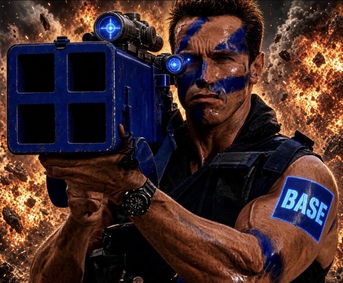 A dramatic action-style image of a muscular soldier with blue face paint and a "BASE" arm tattoo, holding a blue weapon against an explosive fiery background.