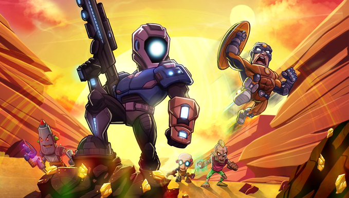 Colorful video game promotional artwork featuring a robotic character with a glowing eye holding a large gun, alongside a masked hero and small creatures in an action-packed canyon setting.
