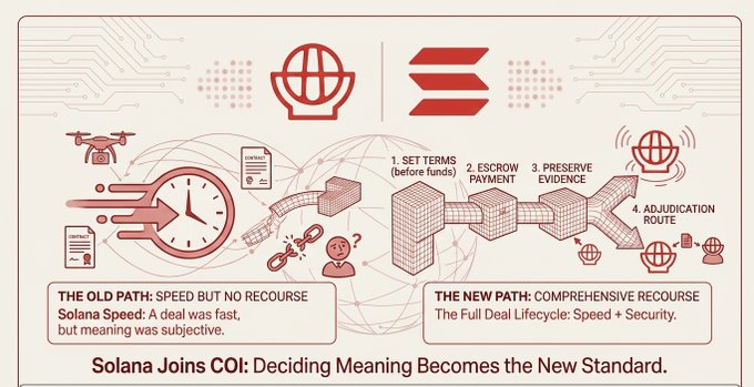 An infographic titled "Solana Joins COJ: Deciding Meaning Becomes the New Standard," comparing "THE OLD PATH: SPEED BUT NO RECOURSE" with "THE NEW PATH: COMPREHENSIVE RECOURSE" through a flowchart of escrow and adjudication steps.