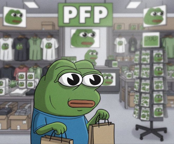 The image shows a Pepe the Frog character shopping in a store filled with Pepe merchandise, with a large "PFP" (Profile Picture) sign above. The scene humorously references the post "GM what's the CA?" (Good Morning, what's the Contract Address?) — a common crypto phrase — by depicting Pepe, a popular meme coin mascot, surrounded by branded goods as if promoting a memecoin project.