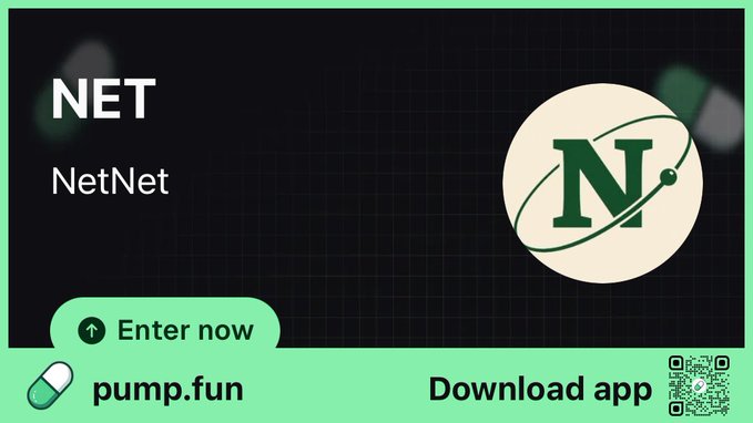 A promotional graphic for the cryptocurrency token 'NET' (NetNet) on the pump.fun platform, featuring a circular logo with a stylized 'N' and a QR code to download the app.