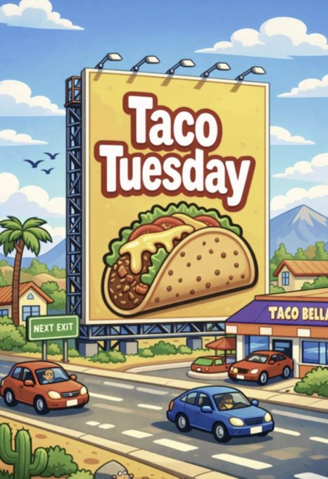 A pixel-art billboard advertising 'Taco Tuesday' with a large taco illustration, located next to a Taco Bell restaurant with cars driving on the road below.