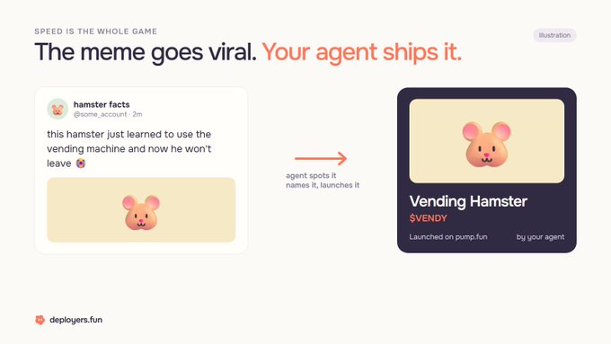 An illustration for 'deployers.fun' showing how an AI agent ships a meme, depicting a tweet about a 'Vending Hamster' that gets spotted, named, and launched as an item on pump.fun by an agent.