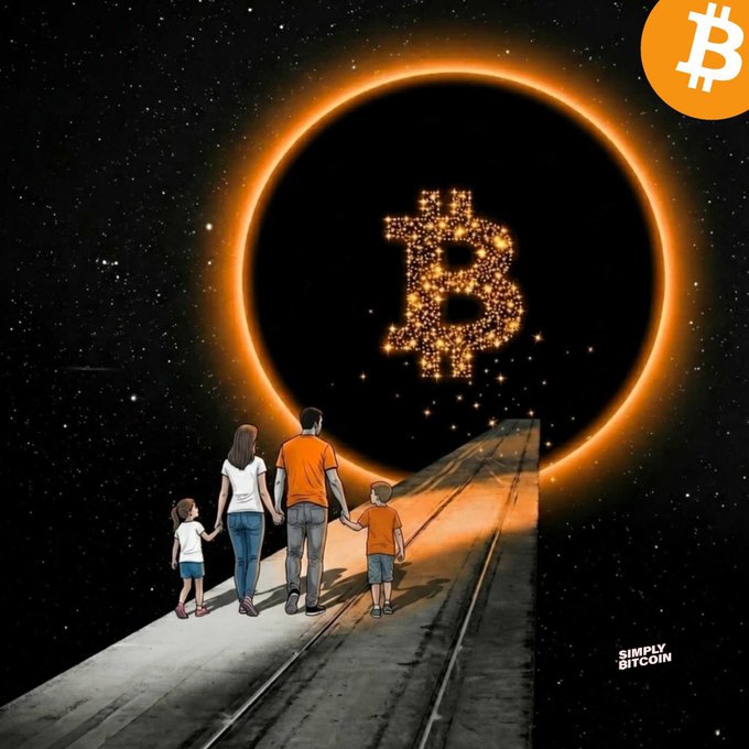 A digital art illustration showing a family of four walking down a path toward a glowing Bitcoin symbol shaped like a solar eclipse, branded 'Simply Bitcoin'.