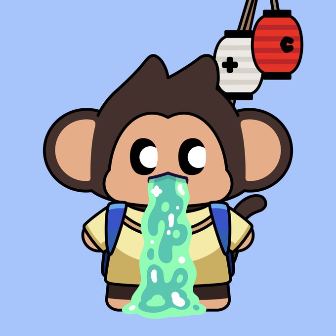 A cartoon monkey character with a backpack stands vomiting a stream of green liquid while video game controllers hang from wires above its head.