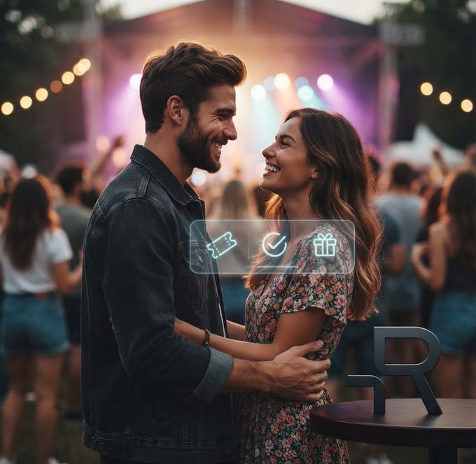 An AI-generated image of a smiling couple at a concert, with a holographic overlay displaying ticket, checkmark, and gift icons next to an 'R' logo on a small table.
