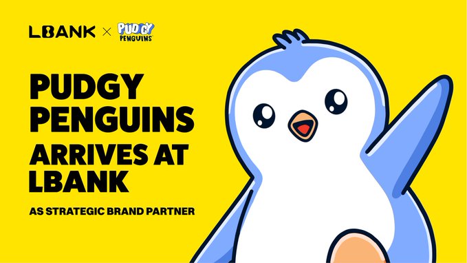 Yellow announcement banner reading 'LBANK × Pudgy Penguins - PUDGY PENGUINS ARRIVES AT LBANK AS STRATEGIC BRAND PARTNER' featuring a cartoon penguin mascot.