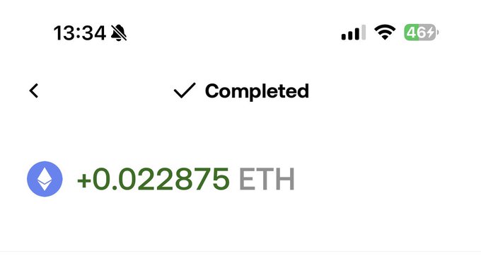 Screenshot of a completed crypto transaction showing +0.022875 ETH received, with the Ethereum logo, timestamp 13:34, and 46% battery, illustrating a successful ETH reward claim likely related to launching a coin via @ponsdotfamily.