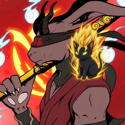 An animated-style illustration of a dragon character in samurai-like robes with a glowing black kitten on its shoulder against a fiery red background.