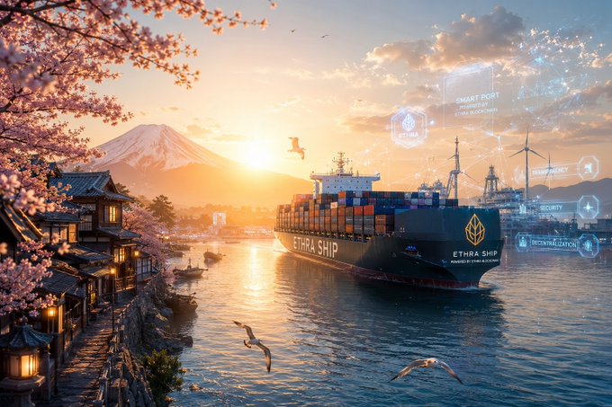A container ship labeled "ETHRA SHIP" glides through a serene harbor at sunrise, framed by cherry blossoms and a distant Mount Fuji, with futuristic "SMART PORT" and "TRANSPARENCY" holographic overlays floating above it—visually reinforcing the post's theme of Ethra Ship as a blockchain-driven, real-world asset (RWA) initiative bringing tangible utility to the shipping industry.