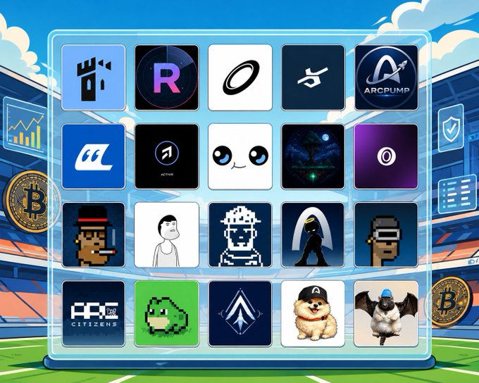 A grid of cryptocurrency project logos displayed over a stadium background, featuring tokens like OKX, R, ARCPUMP, ACTIVE, and pixel-art style meme coins with Bitcoin icons on the sides.