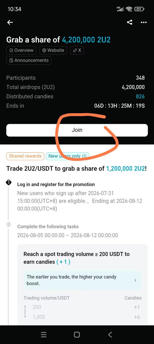 A mobile screenshot of a crypto promotion offering a share of 4,200,000 2U2 tokens, with the "Join" button circled in orange.