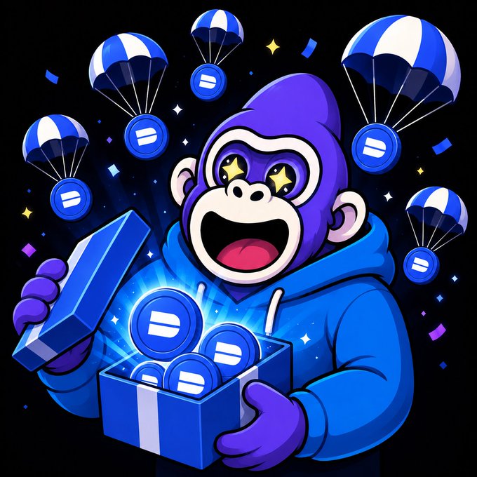 The image features a cartoon monkey wearing a blue hoodie, holding a box filled with blue coins. The monkey appears to be smiling and is surrounded by numerous blue parachutes floating around him. The caption of the image reads "Thanks @DeepBookonSui for making my day. Show me your $DEEP".