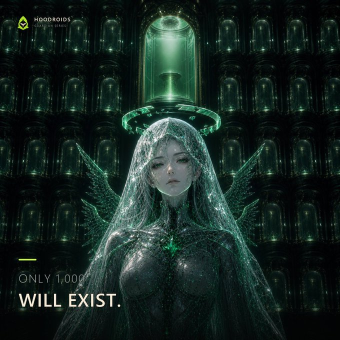 Promotional image for Hoodroids Glade AI Series NFT featuring a futuristic green figure with a halo and wings, with text stating 'ONLY 1,000 WILL EXIST.'