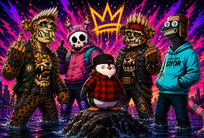 A vibrant, colorful illustration depicts a group of edgy cartoon characters including leopard-print figures, a skull-headed character in a pink jacket, a penguin in a plaid shirt, and a figure with a CRT TV head wearing a blue 'Christian Dior' hoodie.