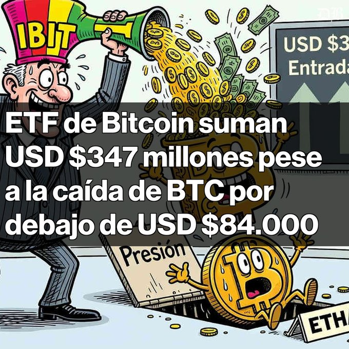 A Spanish-language cartoon graphic reads 'ETF de Bitcoin suman USD $347 millones pese a la caída de BTC por debajo de USD $84.000', depicting a man with an IBIT hat pouring money into a funnel while a Bitcoin coin sweats under pressure.