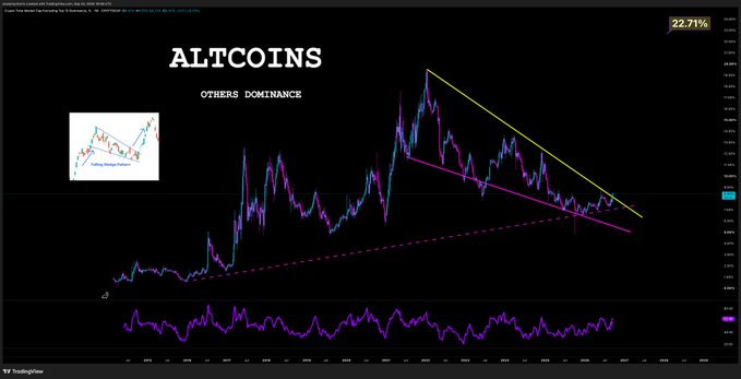 The image is a TradingView chart titled "ALTCOINS - OTHERS DOMINANCE," showing a descending triangle pattern with 22.71% displayed in the top right, accompanied by an inset chart illustrating a "Falling Wedge Pattern." A purple oscillator indicator appears at the bottom of the chart, likely representing momentum or a similar technical metric.