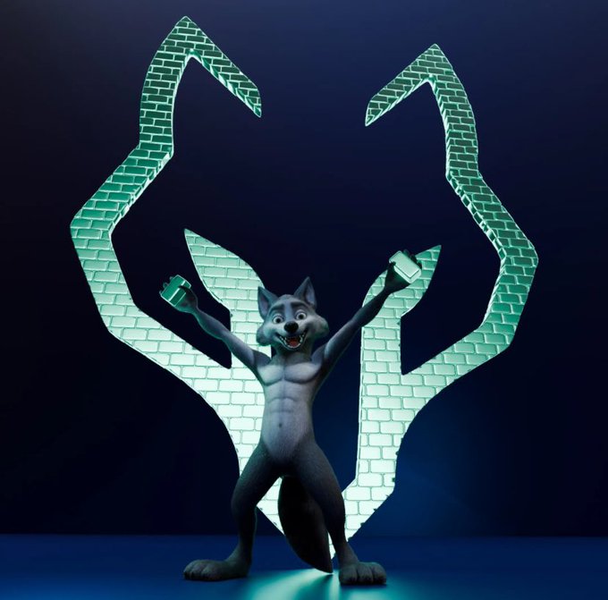 An animated gray wolf character stands on its hind legs with arms raised in front of a glowing teal brick pattern shaped like a logo.