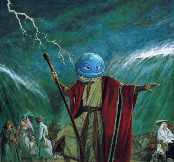 The image features a painting of a man dressed as Jesus with a blue head covering, holding a staff or stick, surrounded by people who appear to be following him. The scene depicts a religious event where the leader is guiding his followers through turbulent waters. This artwork could be interpreted as a representation of the challenges faced by those in positions of leadership and the importance of staying true to one's beliefs during difficult times.