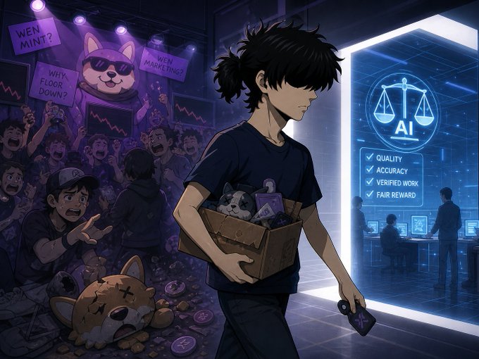 An anime-style illustration depicting a young person walking away from a chaotic crowd holding protest signs ("WEN MINT?", "WHY FLOOR DOWN?", "WEN MARKETING?"), carrying a box of NFTs toward a glowing doorway labeled "AI" with promises of "QUALITY, ACCURACY, VERIFIED WORK, FAIR REWARD," while a sad defeated doge mascot lies among scattered coins.