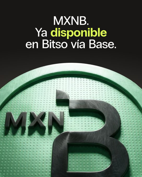A promotional graphic with a dark background displays the text "MXNB. Ya **disponible** en Bitso vía Base." above a close-up of a green coin featuring the metallic "MXNB" lettering. The image visually reinforces the post's announcement about MXNB (a Mexican peso stablecoin) now being available through a Bitso onramp to the Base network, making on-chain peso access more user-friendly.