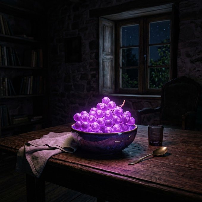 A dark, atmospheric scene shows a bowl of glowing purple grapes on a wooden table beside a window at night, with a spoon and glass nearby.